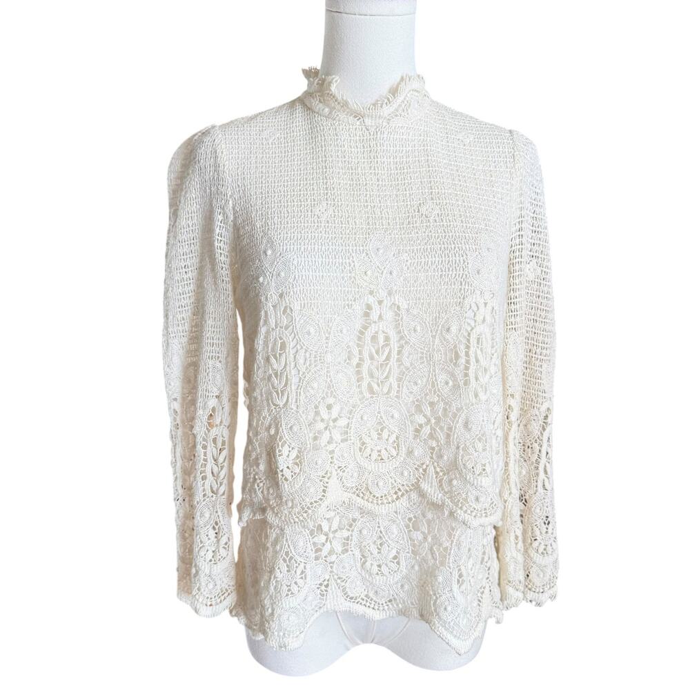 M.i.h Jeans Lace Blouse XS Ivory Cotton Crochet Victorian High Neck Top Portugal